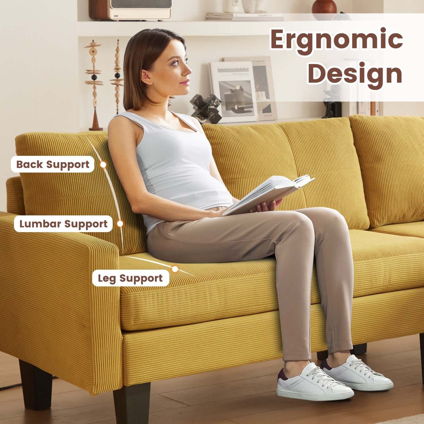 80" Small L Shape Sofa, Corduroy Fabric