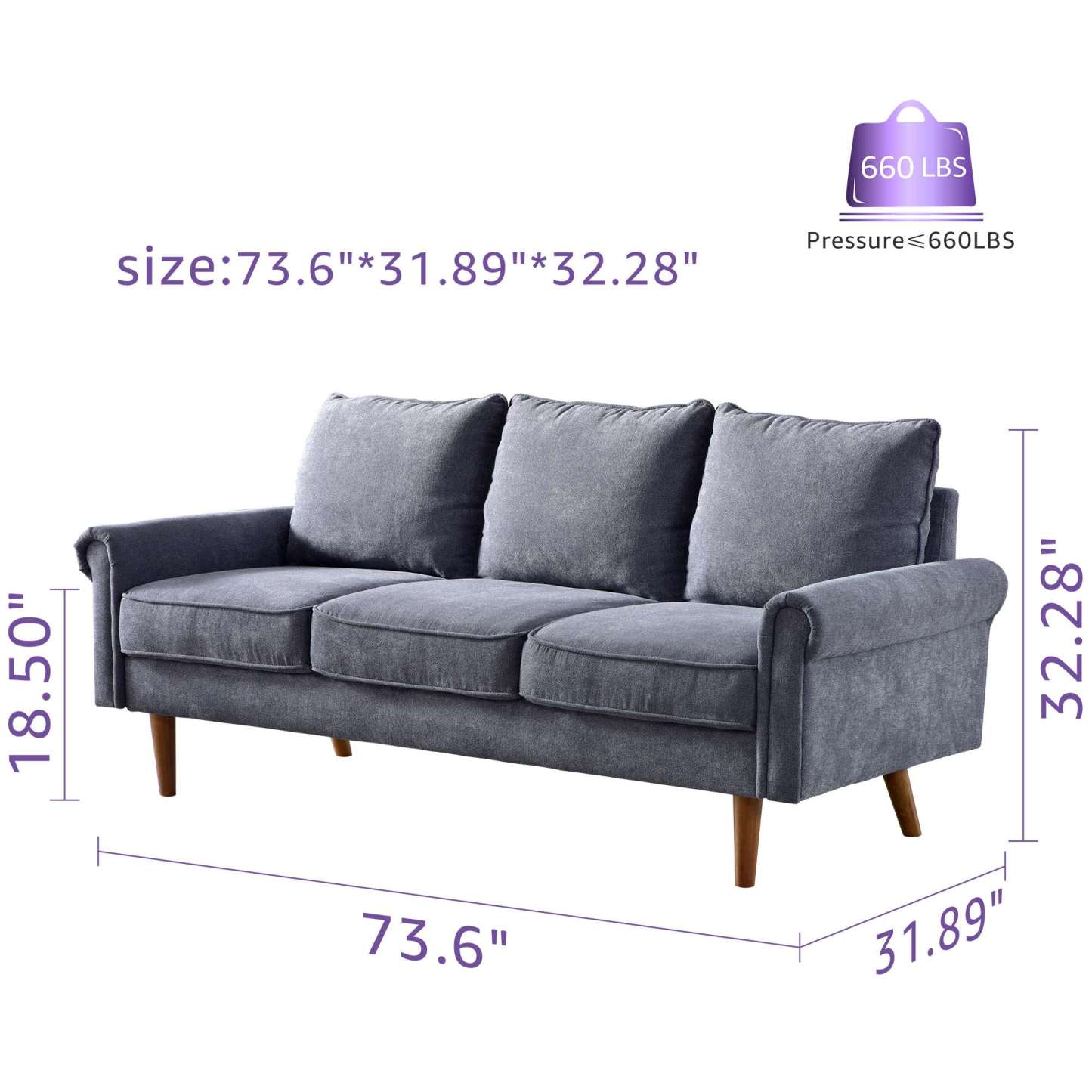 Living Room 73.6'' Wide Suede or Line Fabric Sofa, 6 Colors