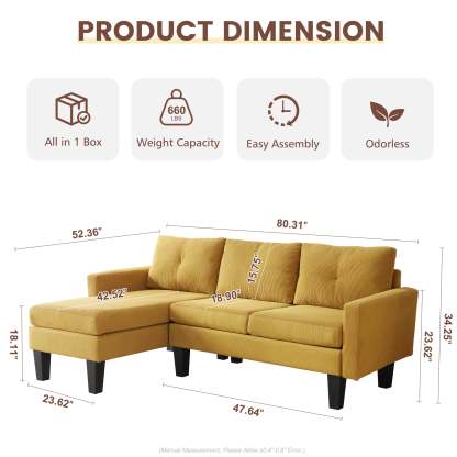 80" Small L Shape Sofa, Corduroy Fabric