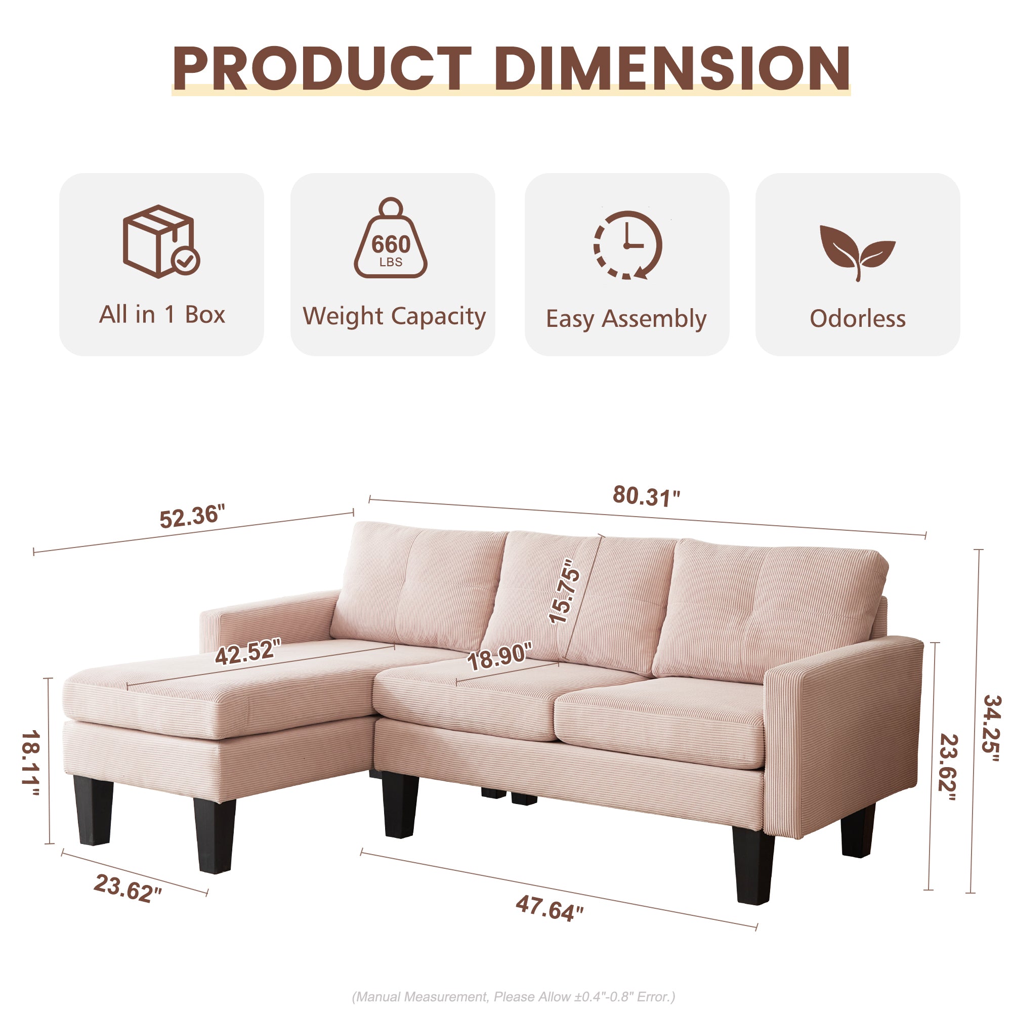 80" Small L Shape Sofa, Corduroy Fabric