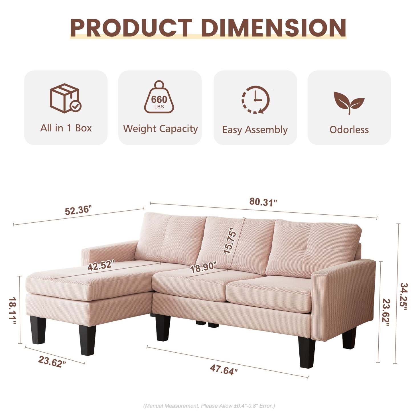 80" Small L Shape Sofa, Corduroy Fabric