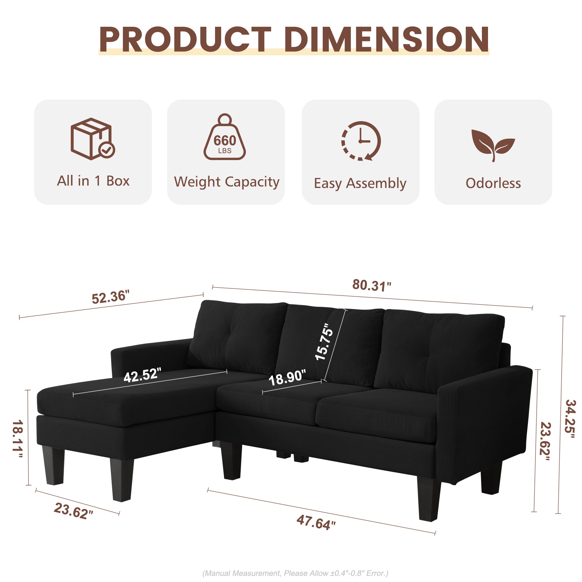 80" Small L Shape Sofa, Corduroy Fabric