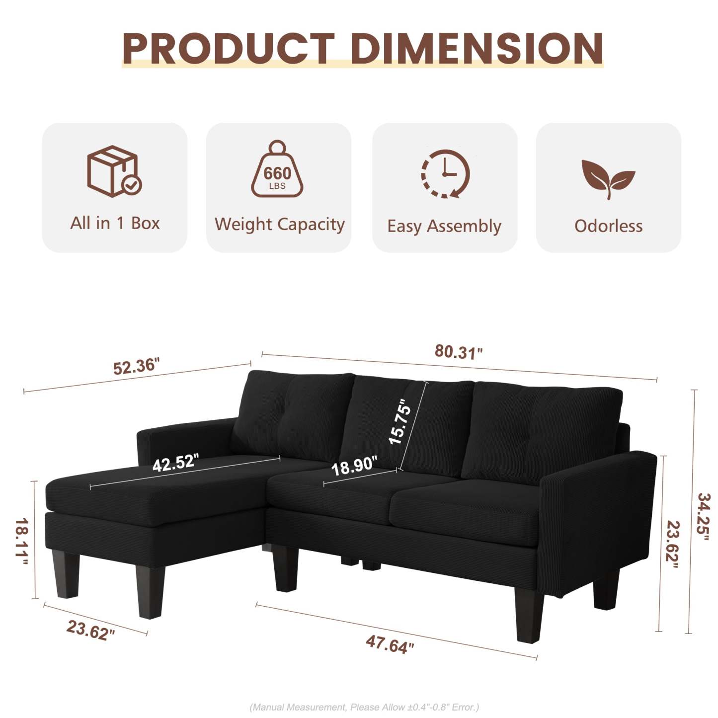 80" Small L Shape Sofa, Corduroy Fabric