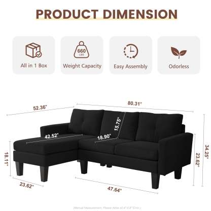80" Small L Shape Sofa, Corduroy Fabric