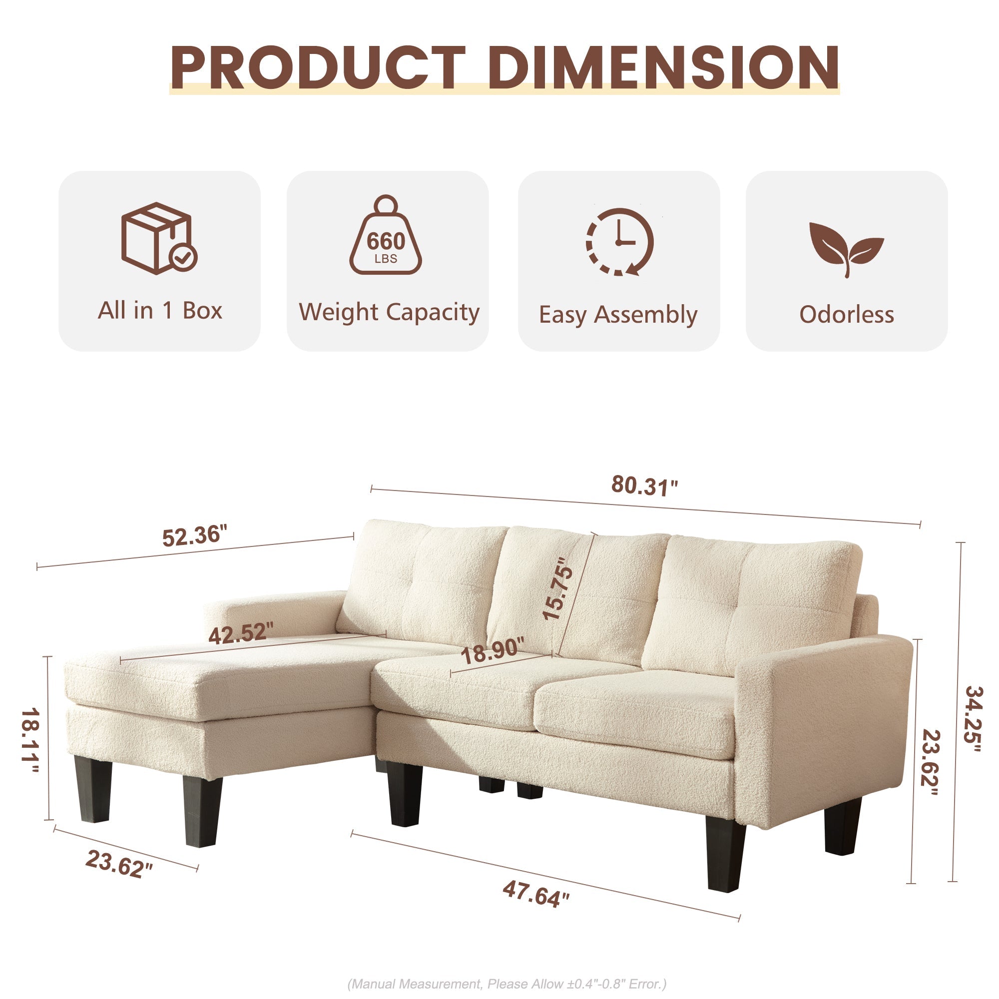 80" Small L Shape Sofa, Teddy Velvet Fabric