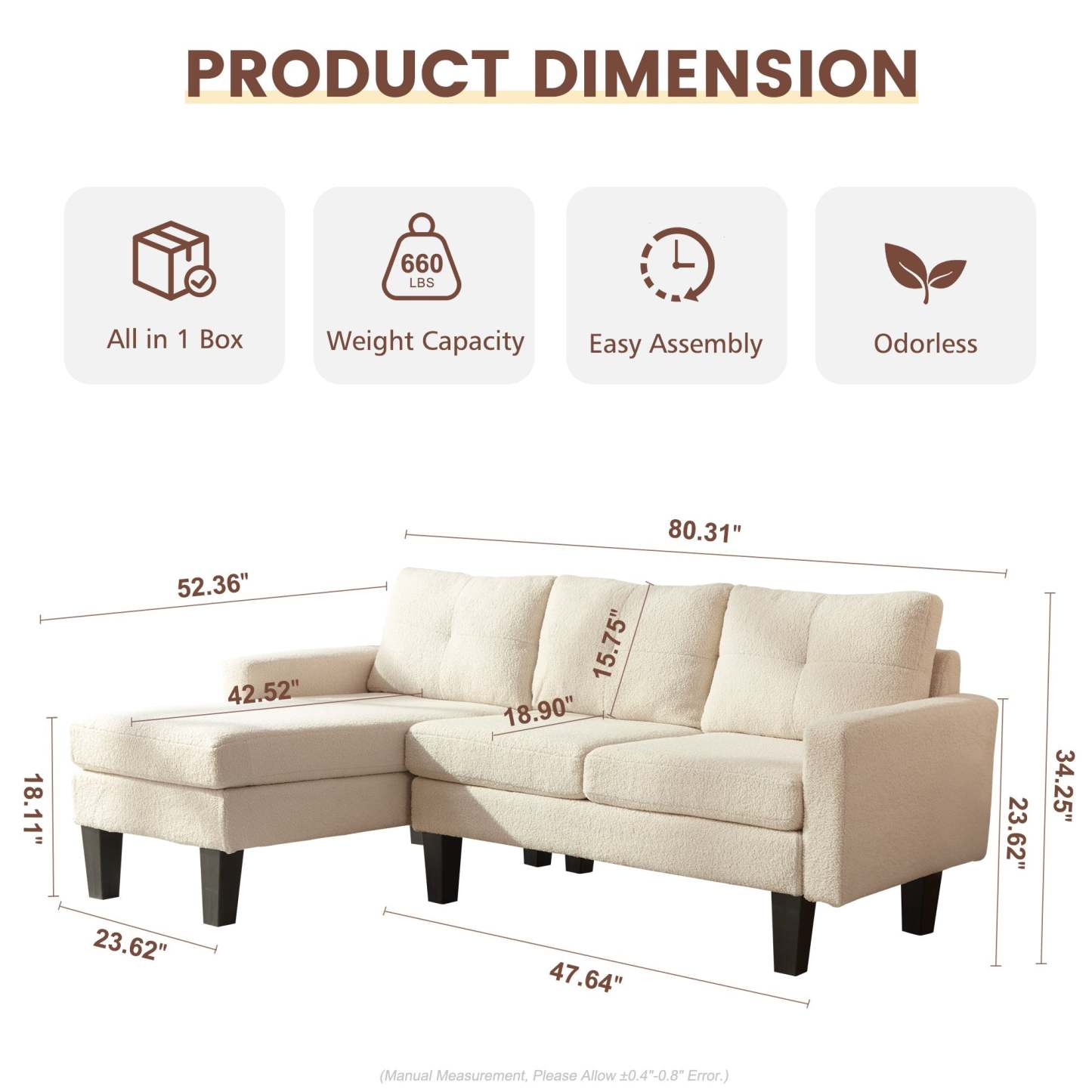 80" Small L Shape Sofa, Teddy Velvet Fabric