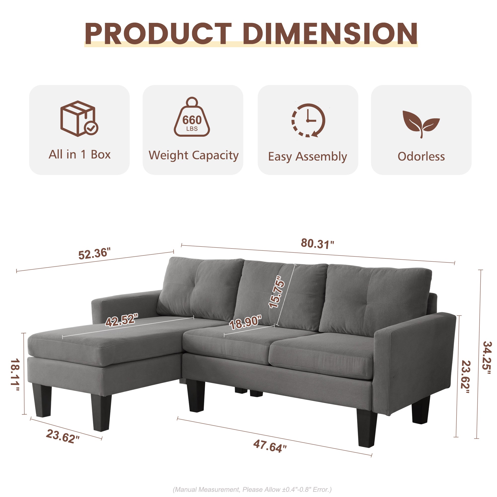 80" Small L Shape Sofa, Corduroy Fabric
