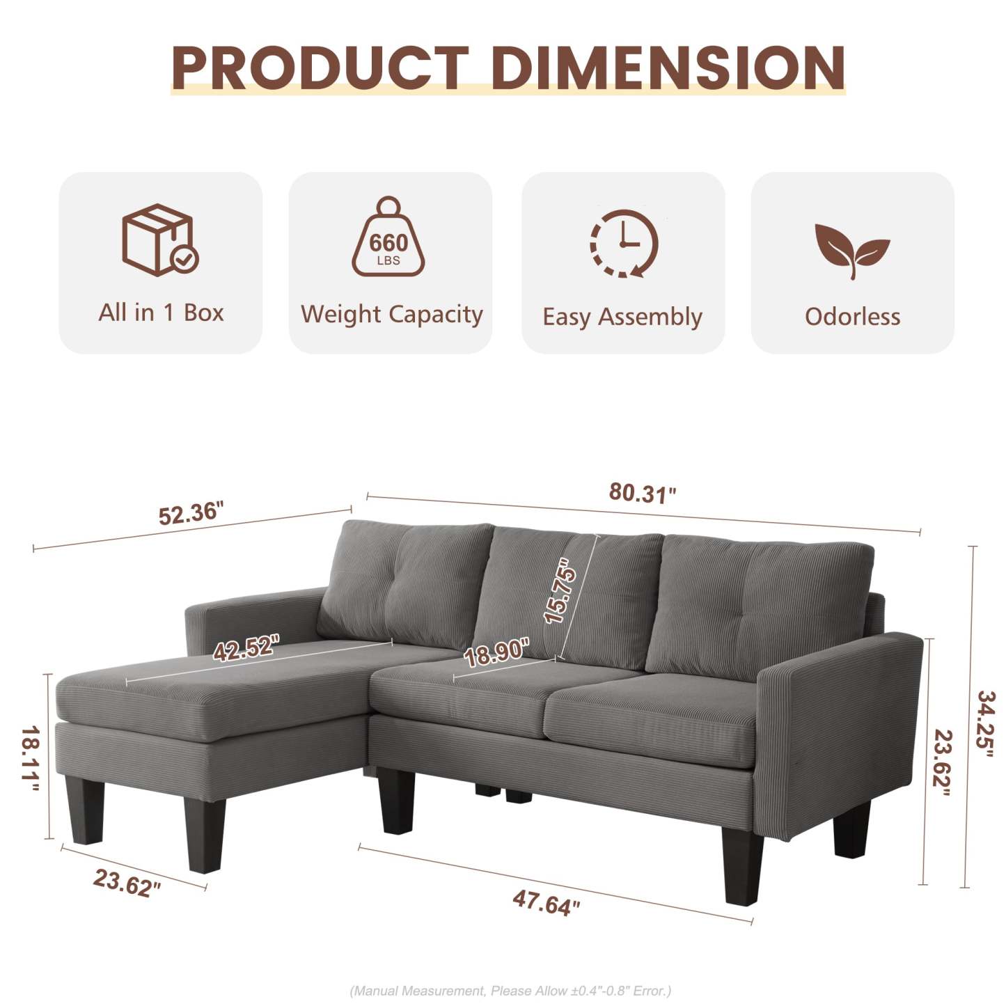 80" Small L Shape Sofa, Corduroy Fabric