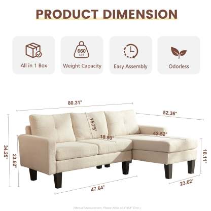 80" Small L Shape Sofa, Teddy Velvet Fabric