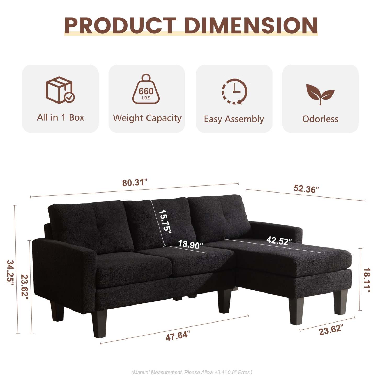 80" Small L Shape Sofa, Teddy Velvet Fabric