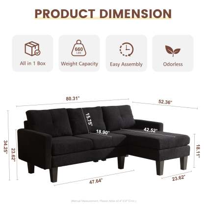 80" Small L Shape Sofa, Teddy Velvet Fabric