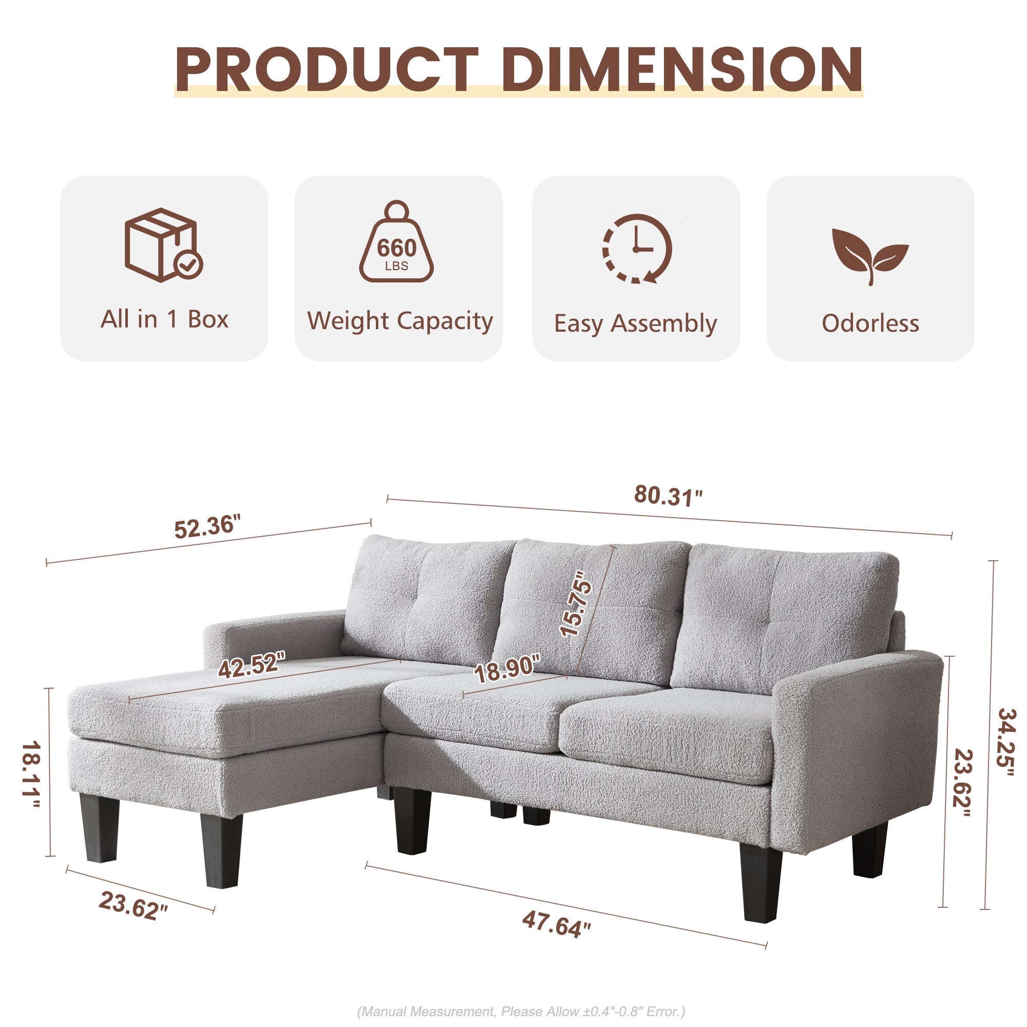 80" Small L Shape Sofa, Teddy Velvet Fabric