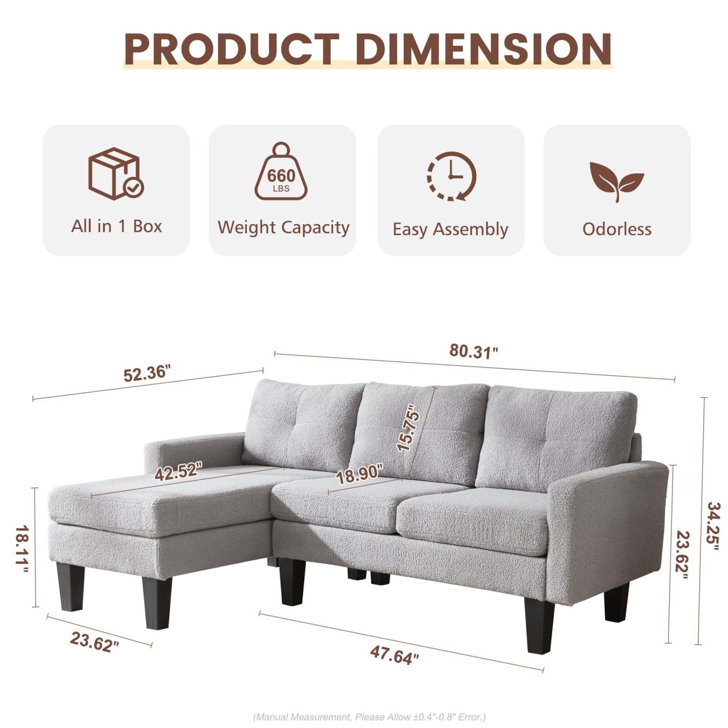 80" Small L Shape Sofa, Teddy Velvet Fabric