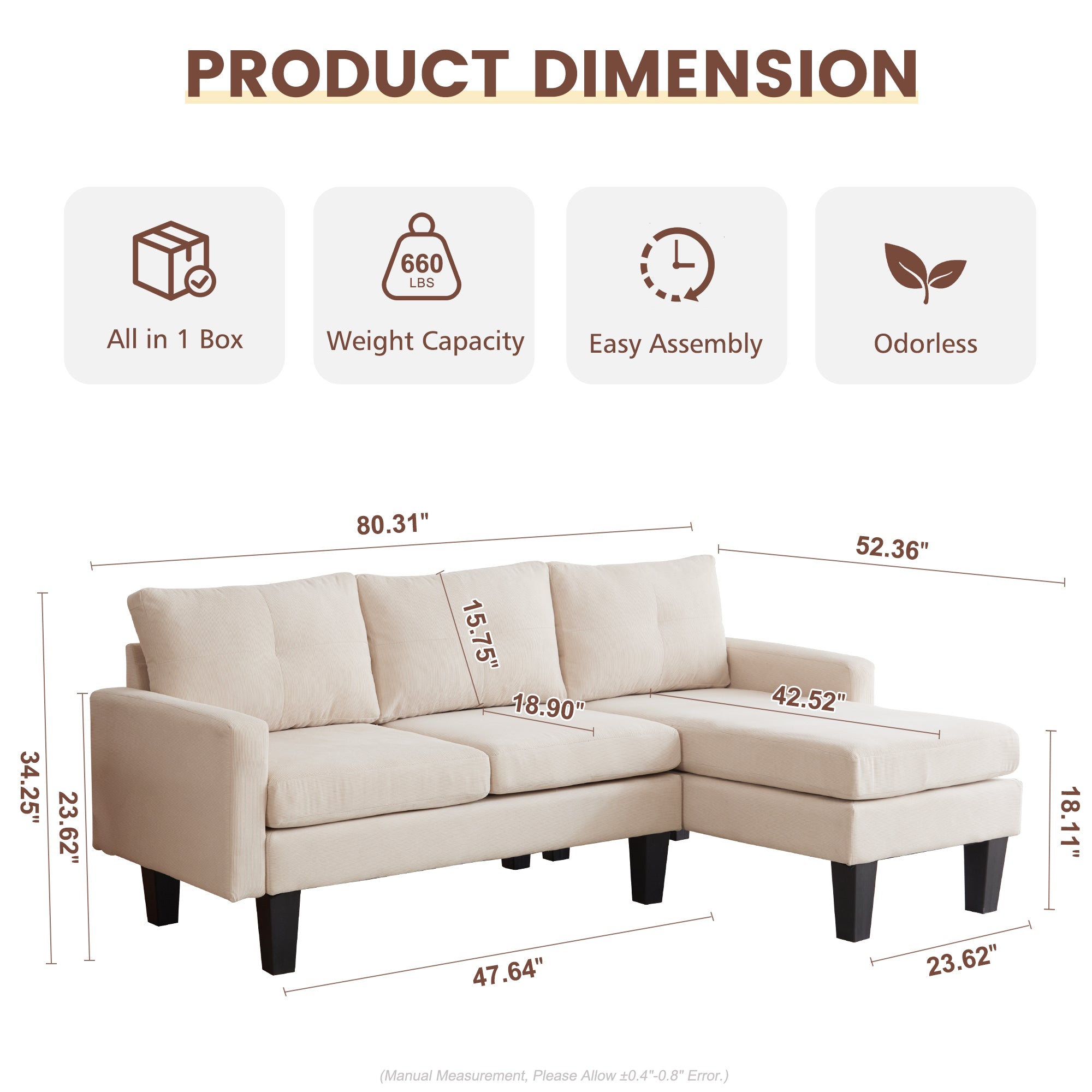 80" Small L Shape Sofa, Corduroy Fabric