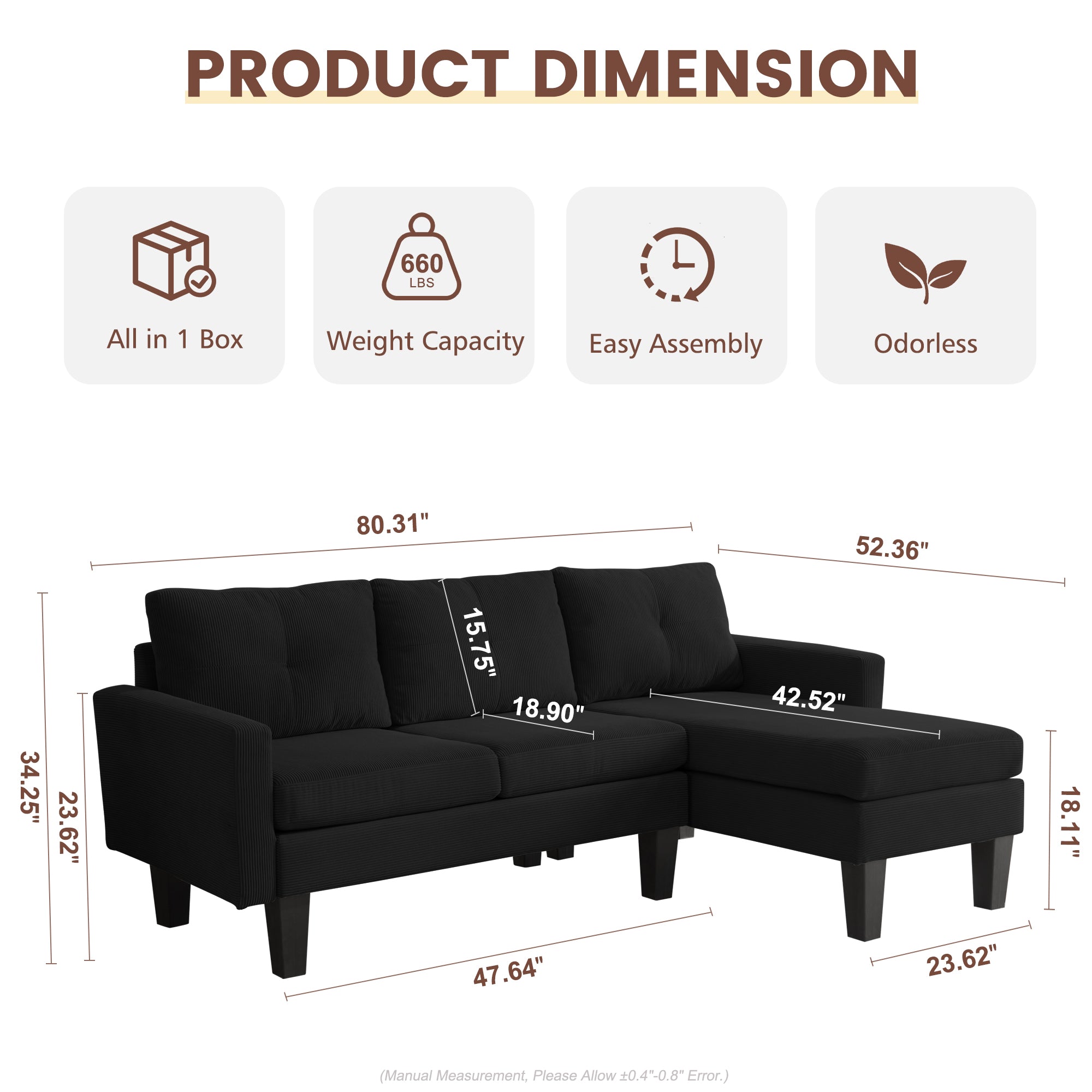 80" Small L Shape Sofa, Corduroy Fabric