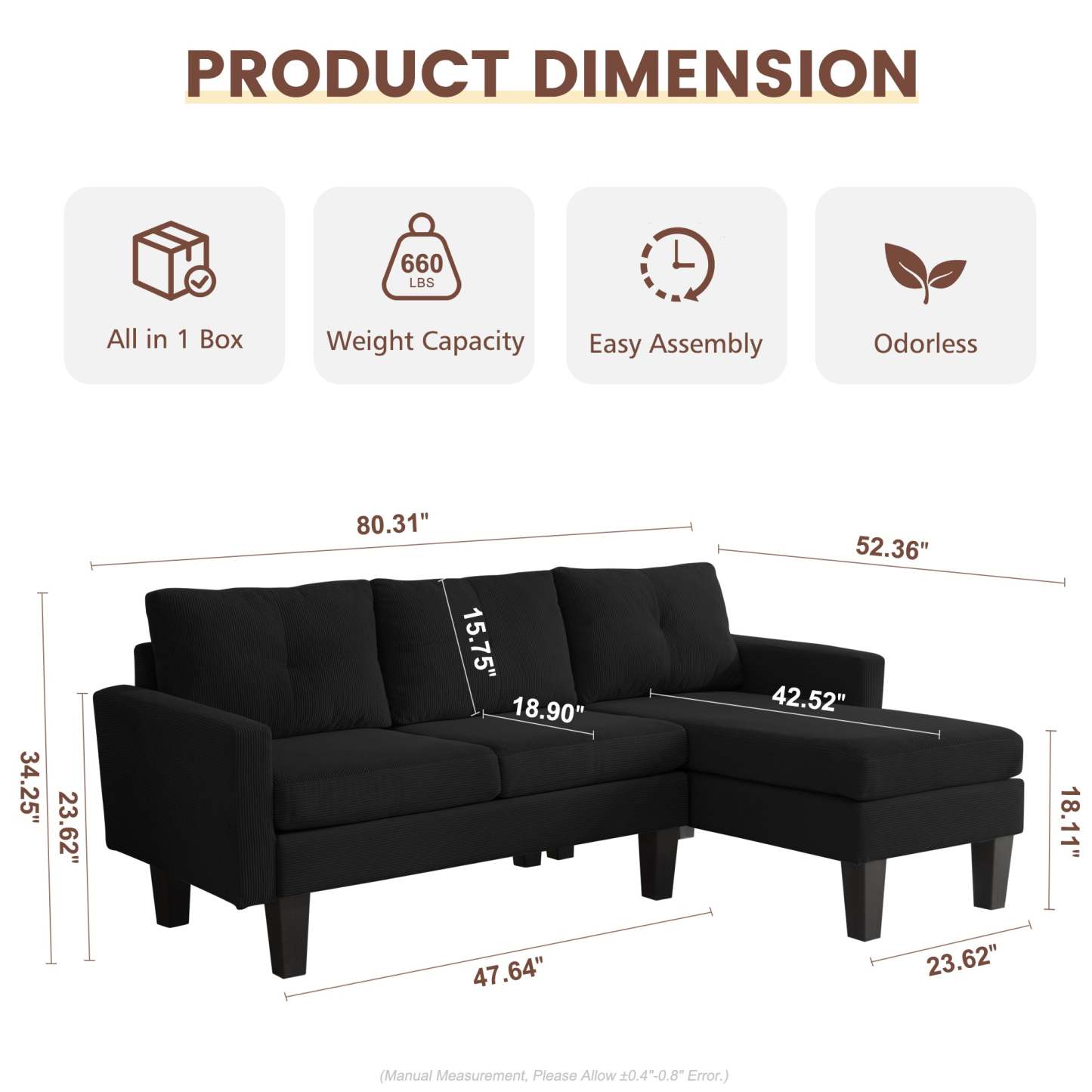 80" Small L Shape Sofa, Corduroy Fabric