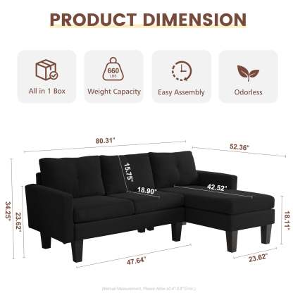 80" Small L Shape Sofa, Corduroy Fabric