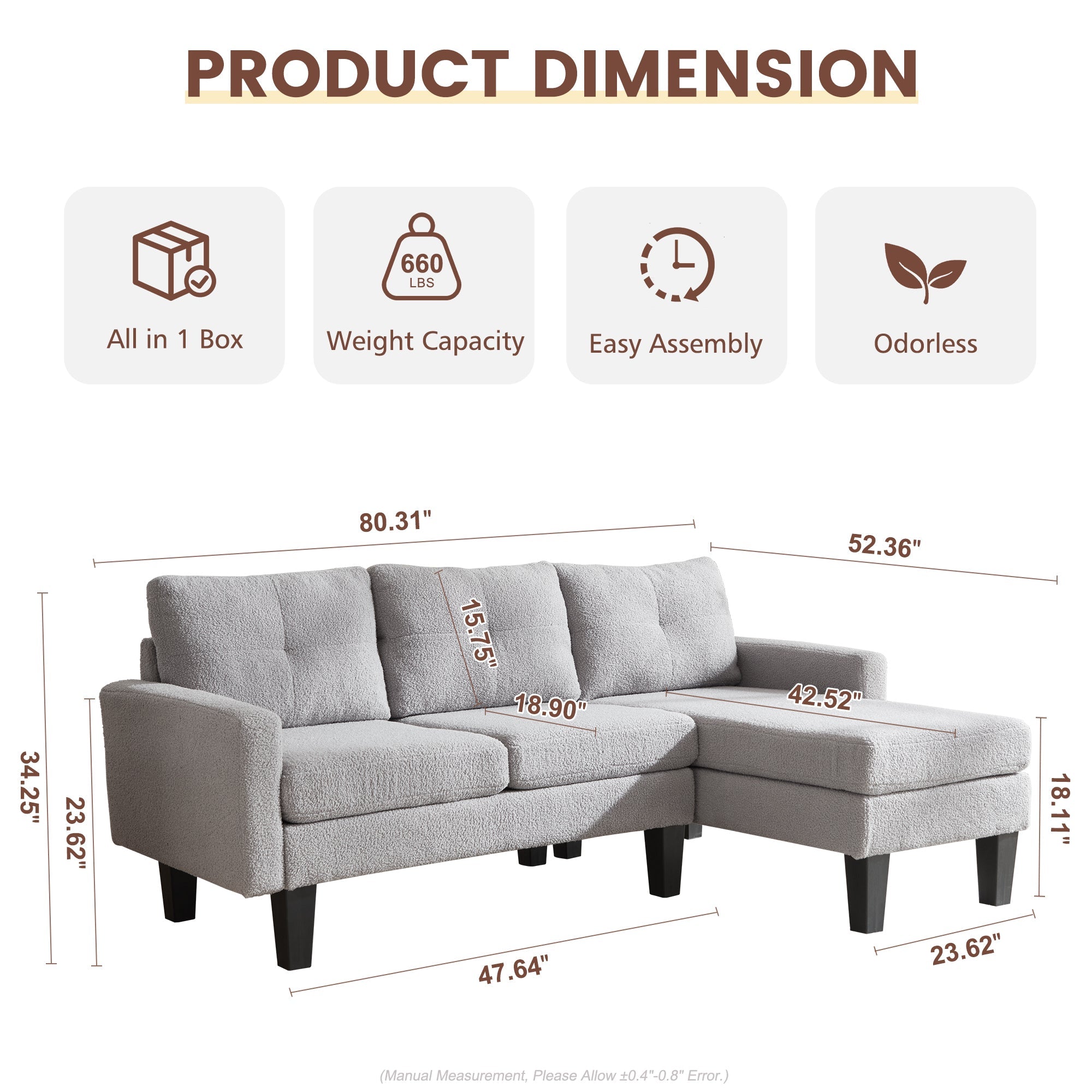 80" Small L Shape Sofa, Teddy Velvet Fabric