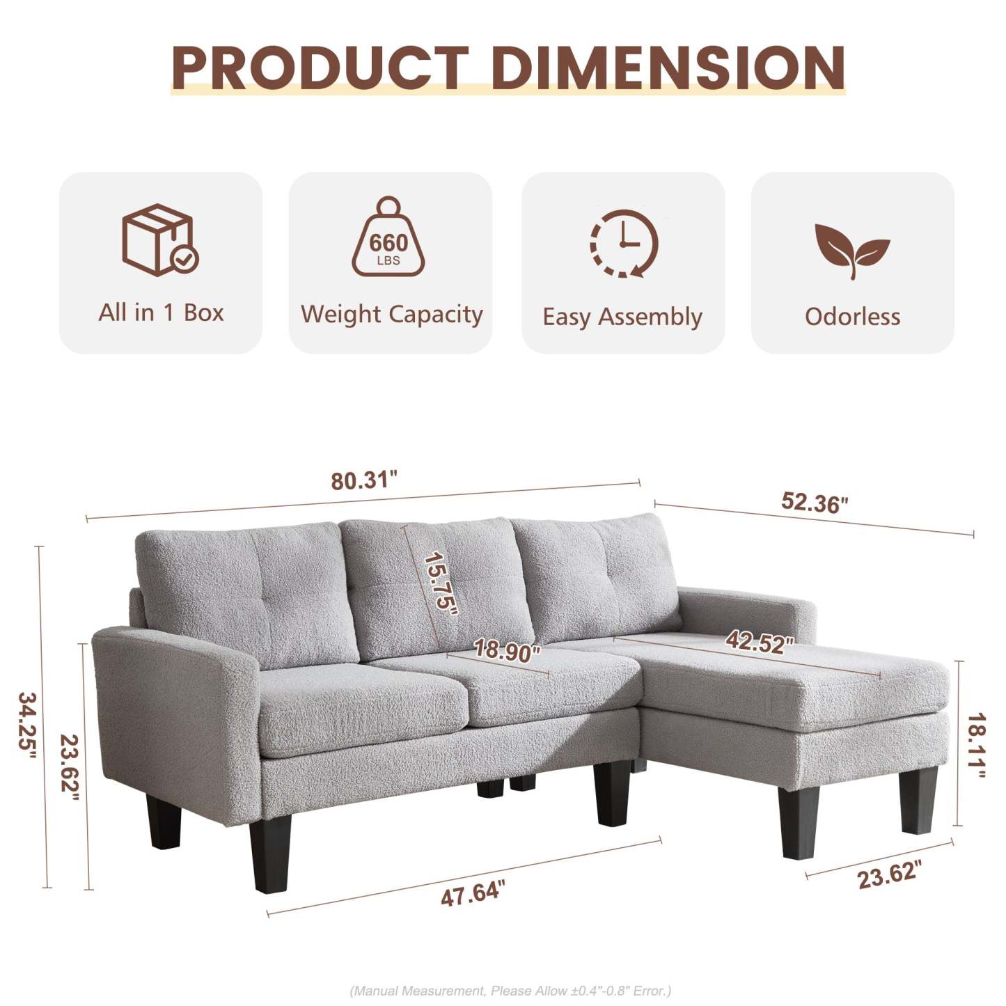 80" Small L Shape Sofa, Teddy Velvet Fabric