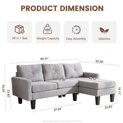 80" Small L Shape Sofa, Teddy Velvet Fabric