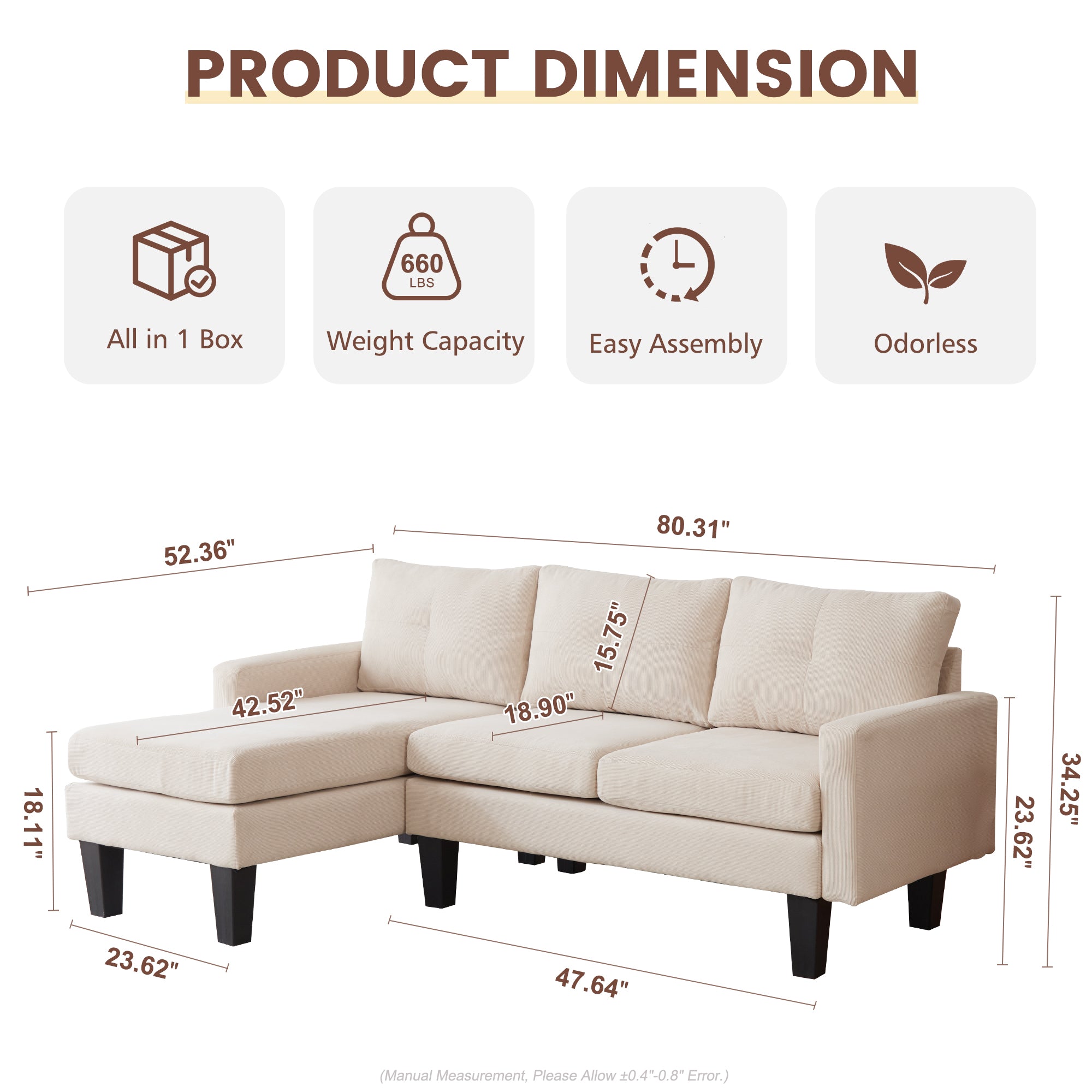 80" Small L Shape Sofa, Corduroy Fabric