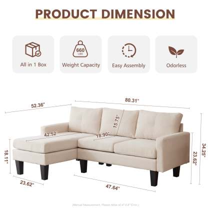 80" Small L Shape Sofa, Corduroy Fabric