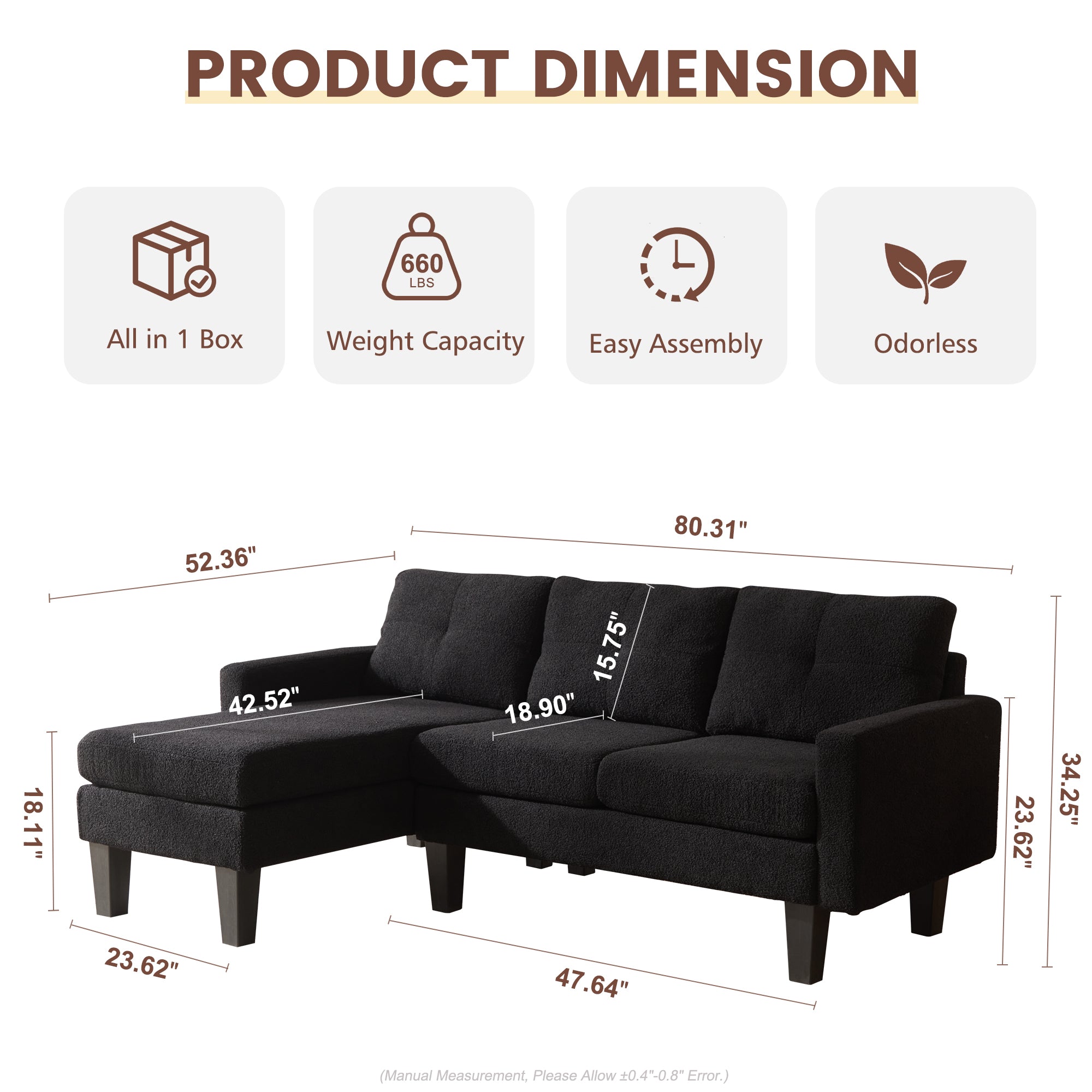 80" Small L Shape Sofa, Teddy Velvet Fabric