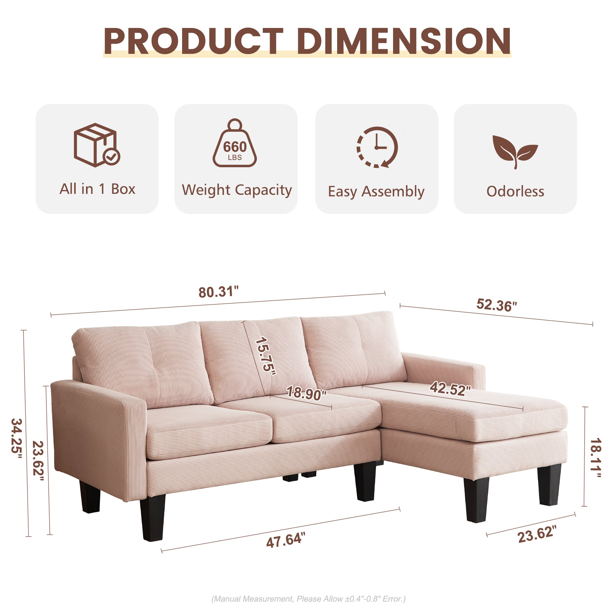 80" Small L Shape Sofa, Corduroy Fabric