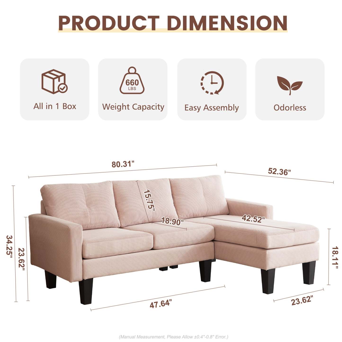 80" Small L Shape Sofa, Corduroy Fabric