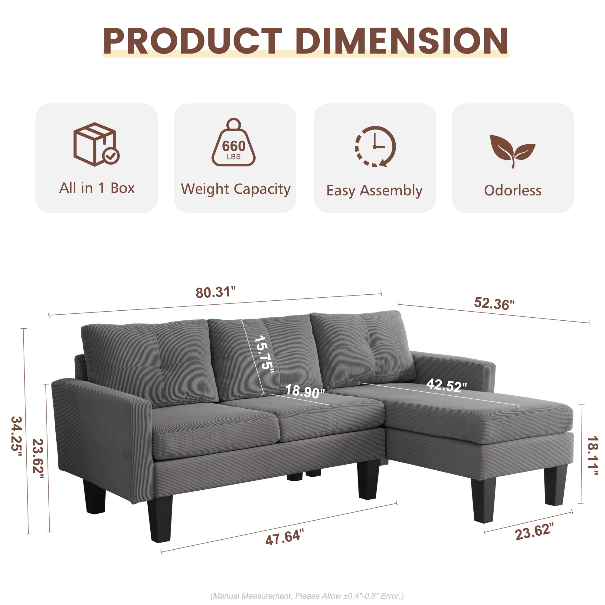 80" Small L Shape Sofa, Corduroy Fabric