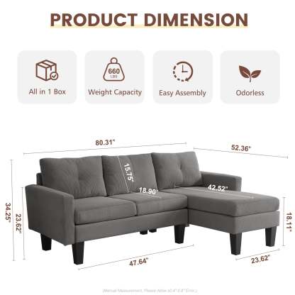 80" Small L Shape Sofa, Corduroy Fabric
