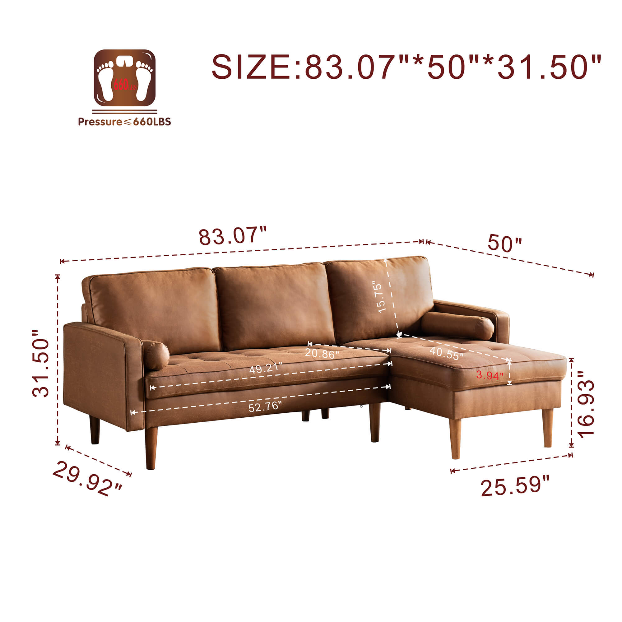 83.07'' Mid Century Sectional Chaise Sofa, L-Shaped Couch