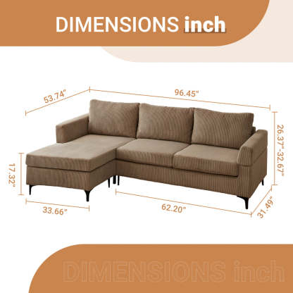 96.4" Living Room Sofa Reversible Chaise Corduroy Fabric with Ottoman
