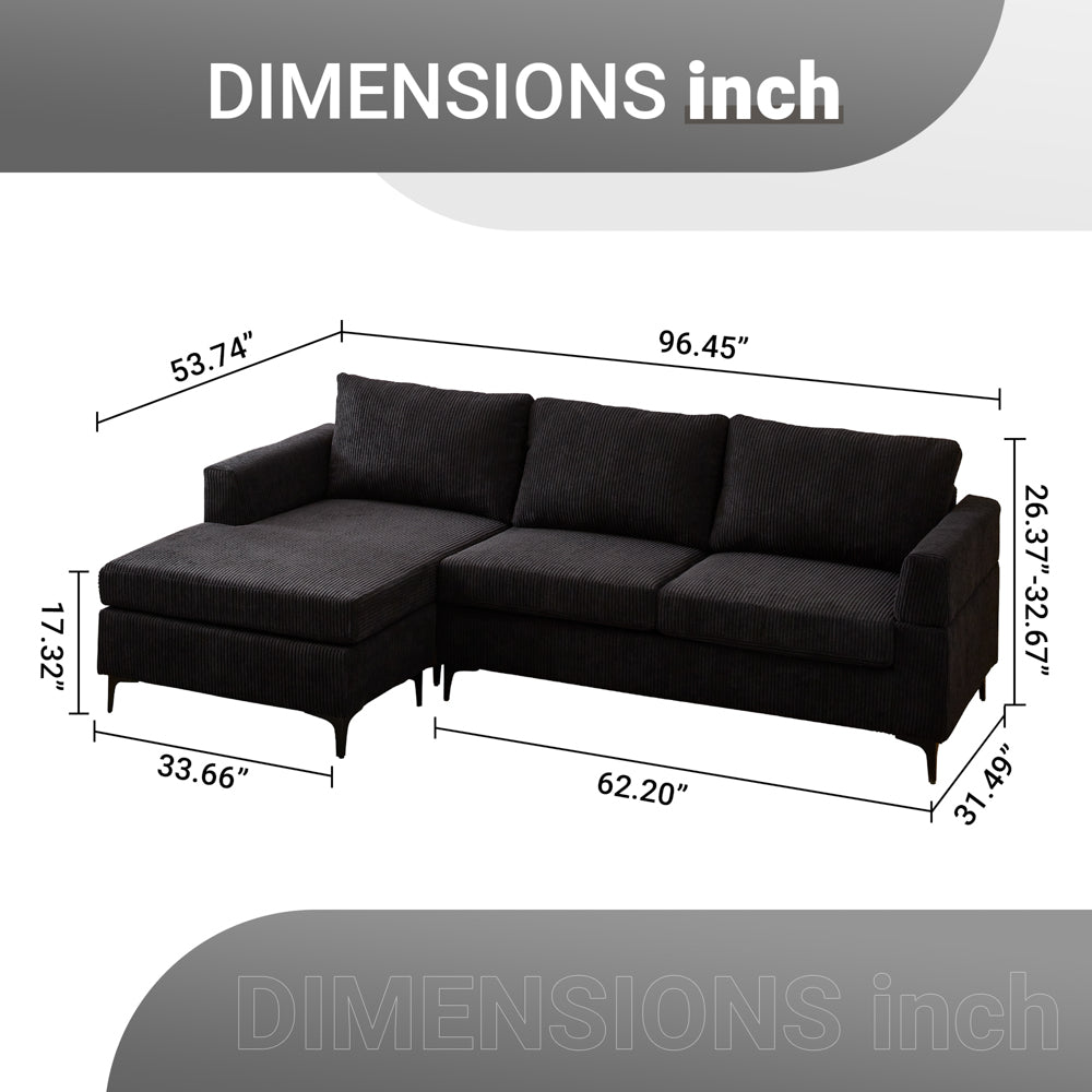 96.4" Living Room Sofa Reversible Chaise Corduroy Fabric with Ottoman