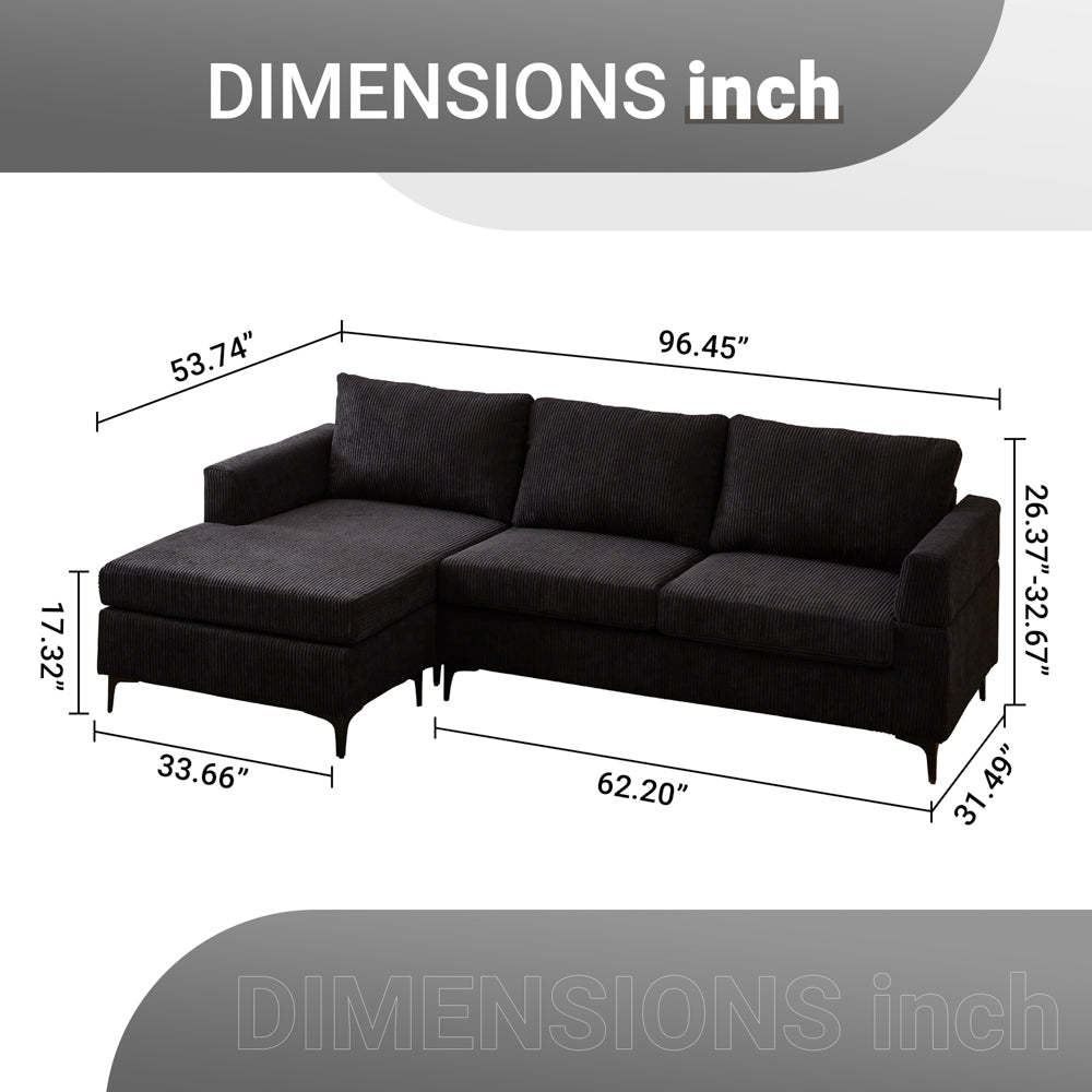 96.4" Living Room Sofa Reversible Chaise Corduroy Fabric with Ottoman