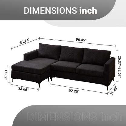 96.4" Living Room Sofa Reversible Chaise Corduroy Fabric with Ottoman
