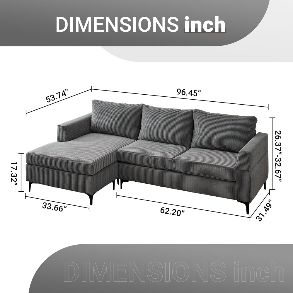 96.4" Living Room Sofa Reversible Chaise Corduroy Fabric with Ottoman