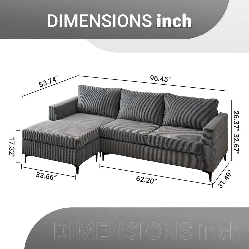 96.4" Living Room Sofa Reversible Chaise Corduroy Fabric with Ottoman