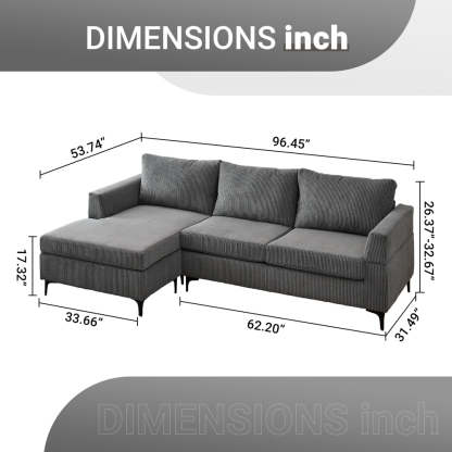 96.4" Living Room Sofa Reversible Chaise Corduroy Fabric with Ottoman