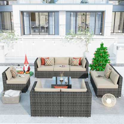 Outdoor Sectional Furniture 9-Piece with Cushions and Table