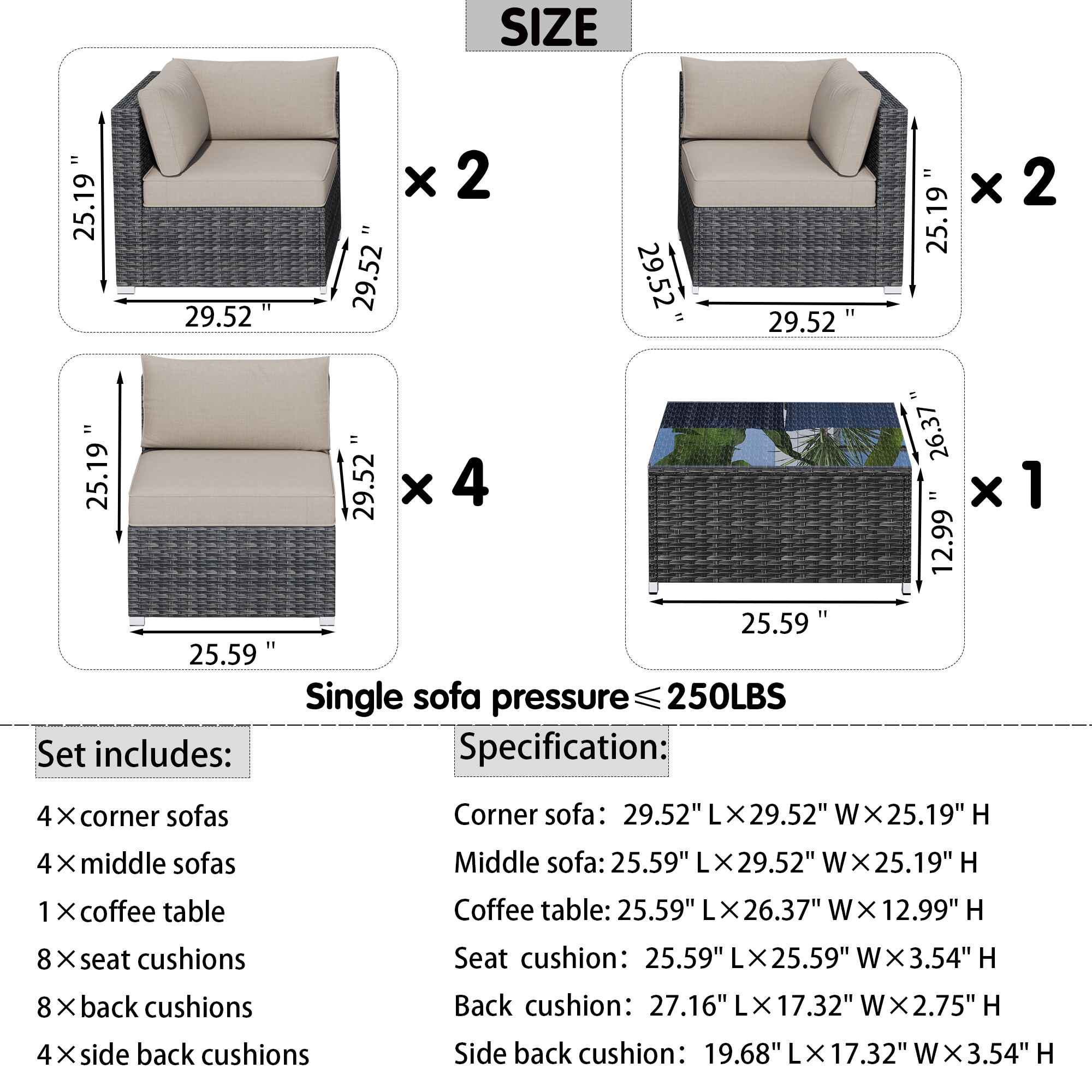 Outdoor Sectional Furniture 9-Piece with Cushions and Table
