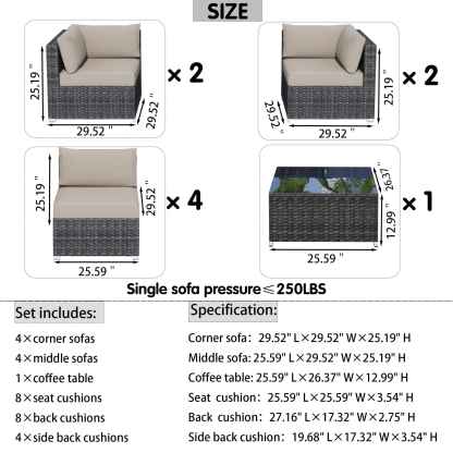Outdoor Sectional Furniture 9-Piece with Cushions and Table