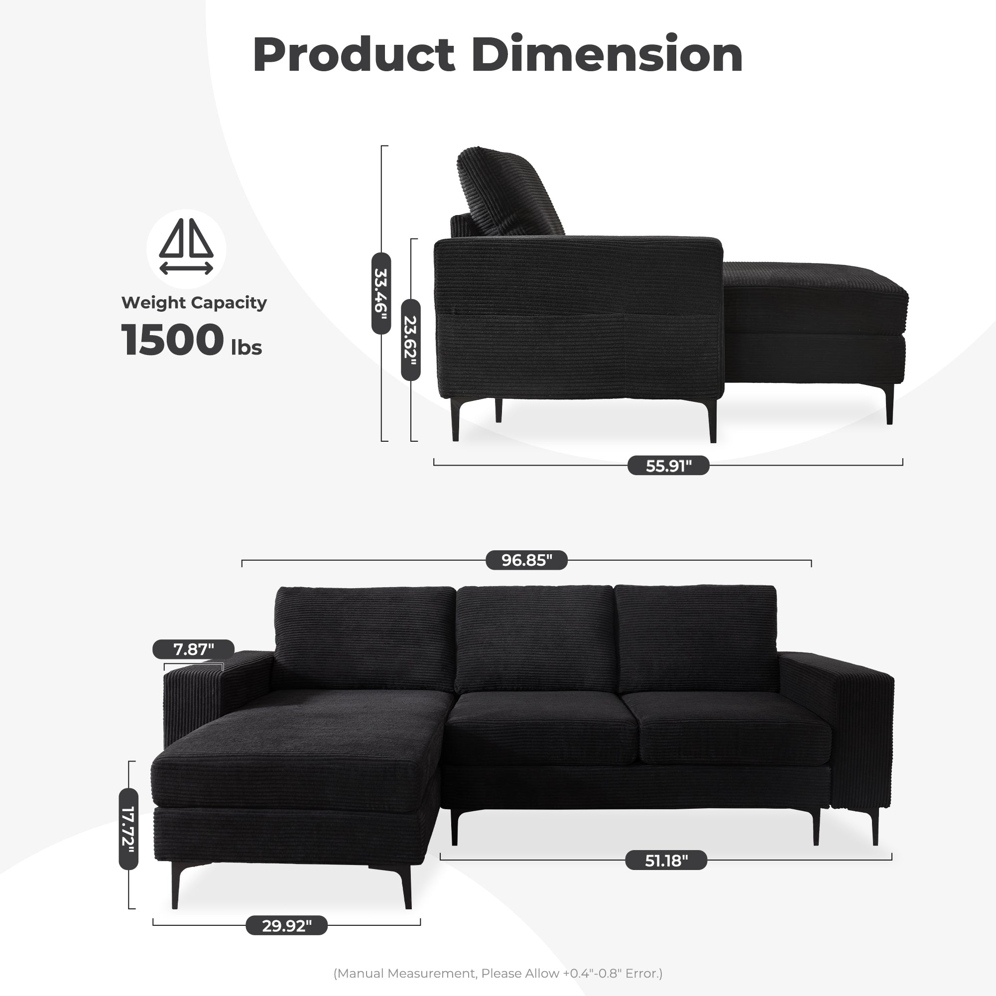 97"  Modern Corduroy L Shaped Couch