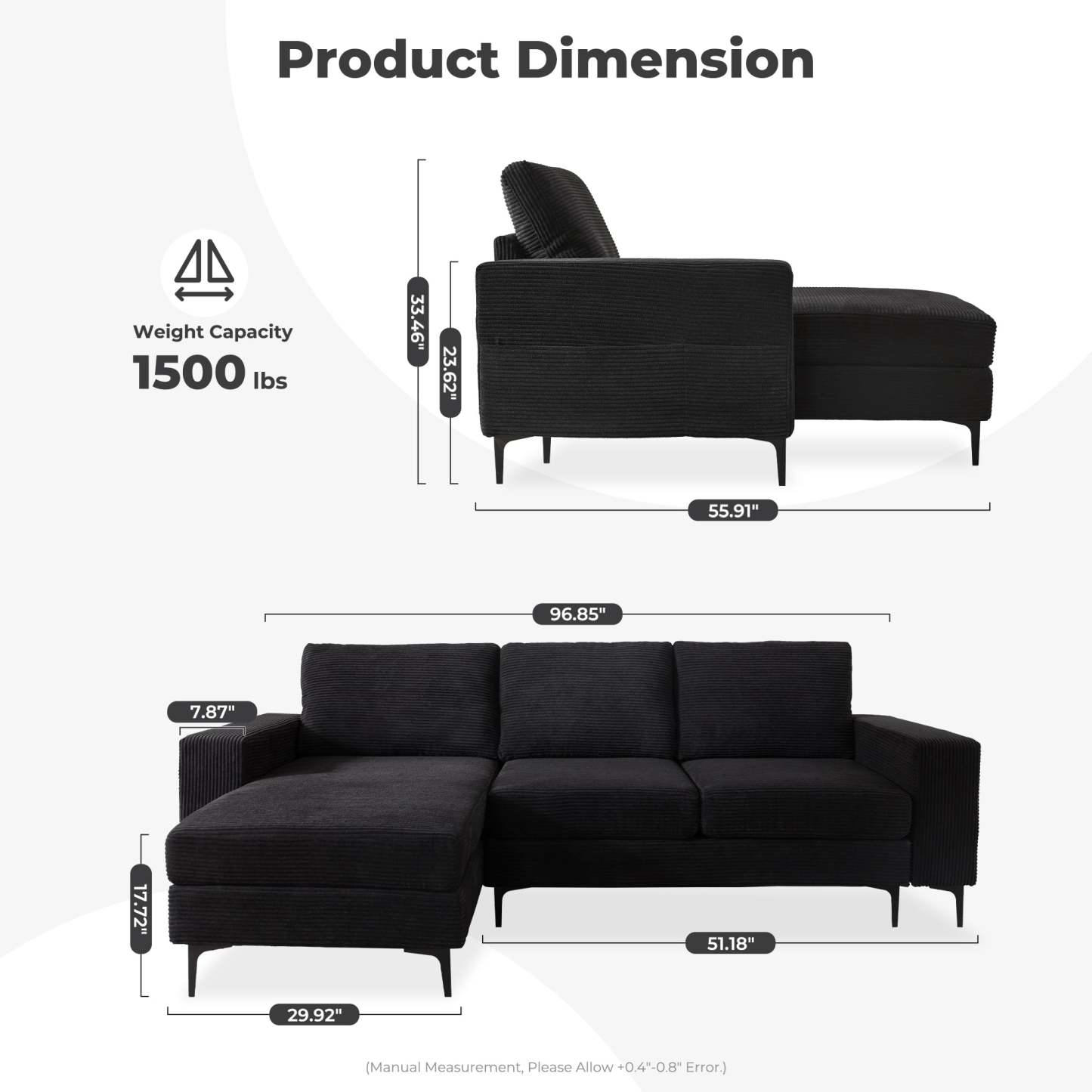 97"  Modern Corduroy L Shaped Couch