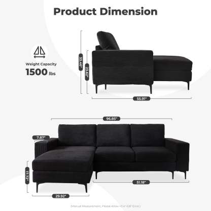 97"  Modern Corduroy L Shaped Couch