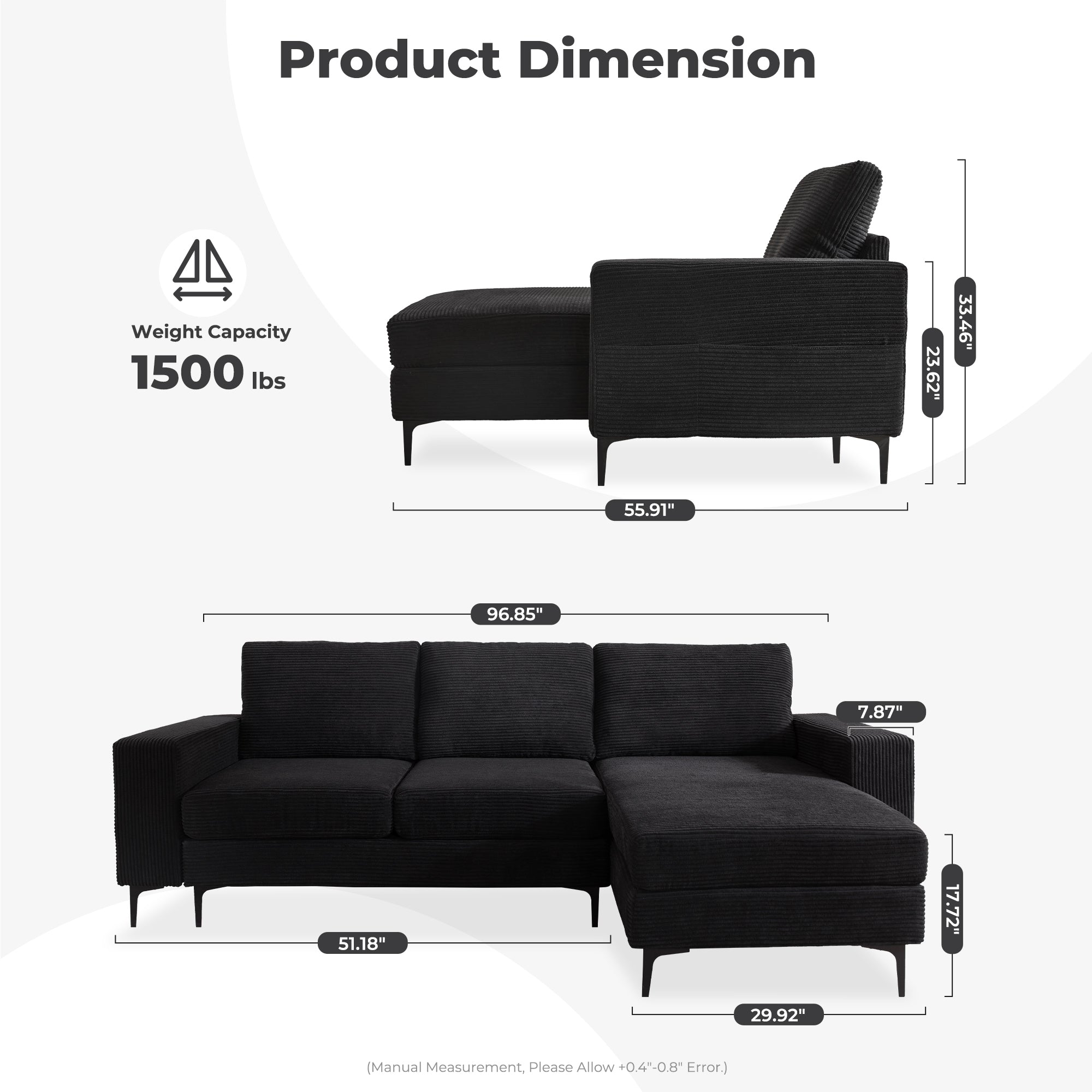 97"  Modern Corduroy L Shaped Couch