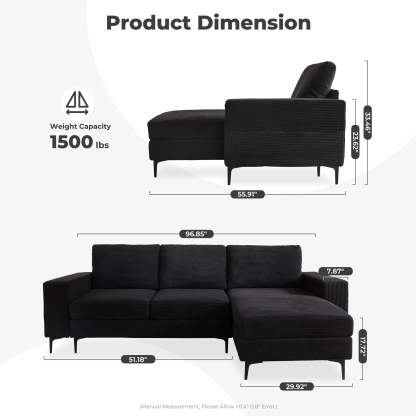 97"  Modern Corduroy L Shaped Couch