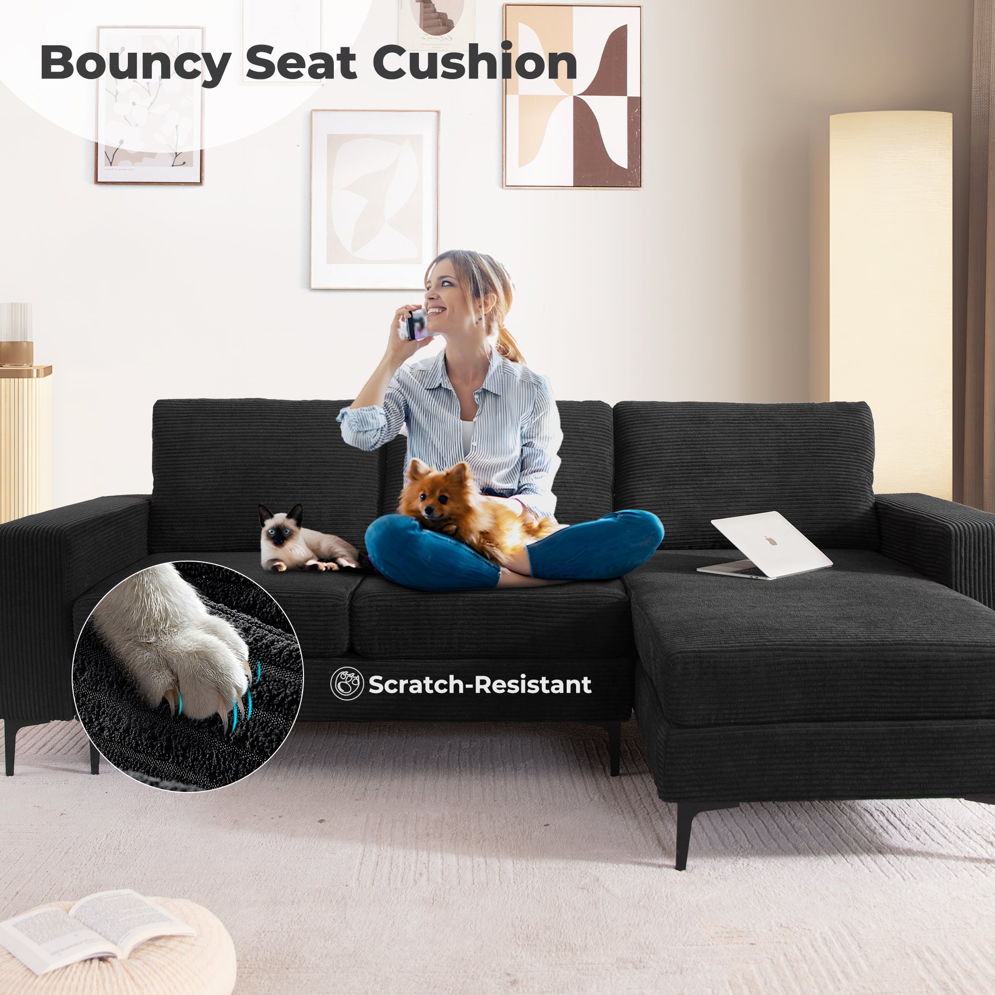 97"  Modern Corduroy L Shaped Couch