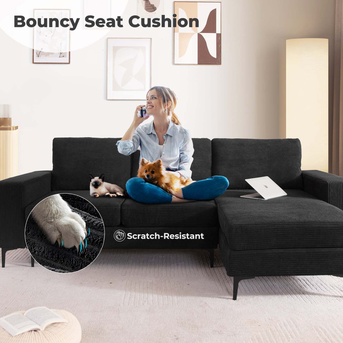 97"  Modern Corduroy L Shaped Couch