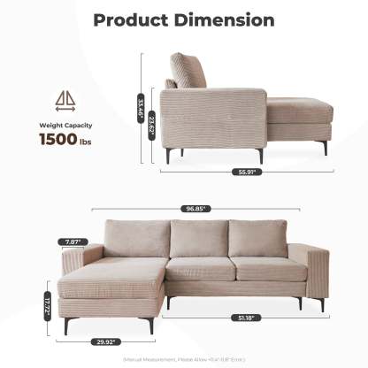 97"  Modern Corduroy L Shaped Couch